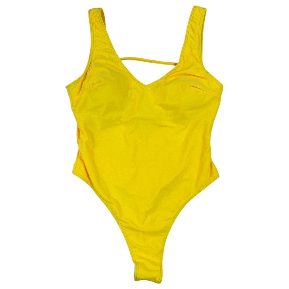 One Piece Swimsuit M Yellow High Cut V-Neck Thong Beachwear Neon Vacation Pool